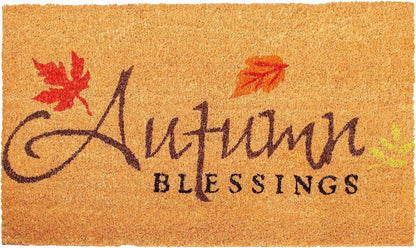 17" X 29" Natural Black And Orange Autumn Blessings Outdoor Coir Door Mat