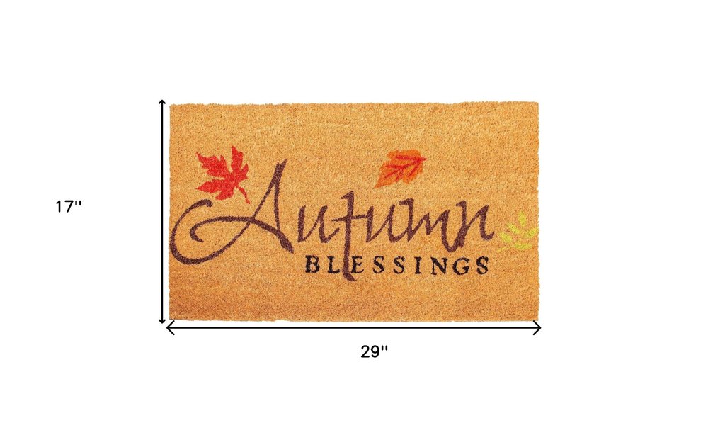 17" X 29" Natural Black And Orange Autumn Blessings Outdoor Coir Door Mat