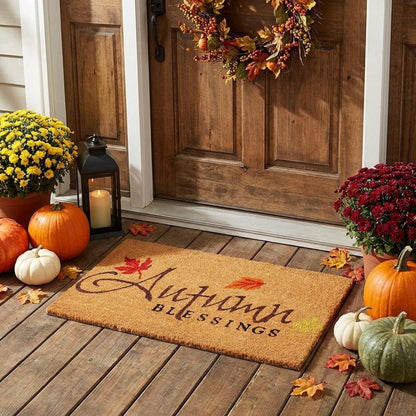 17" X 29" Natural Black And Orange Autumn Blessings Outdoor Coir Door Mat