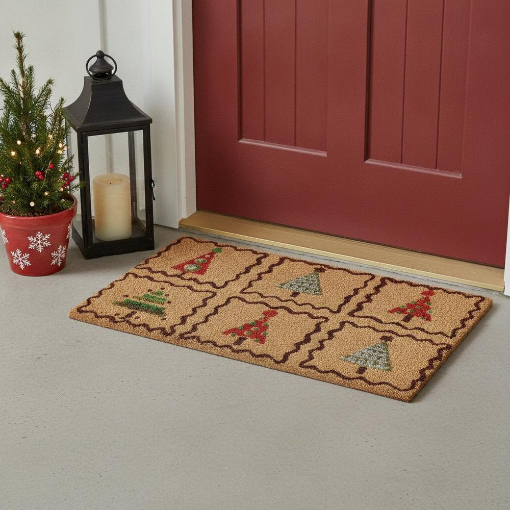 17" X 29" Natural Red and Black Coir Christmas Trees Outdoor Christmas Door Mat