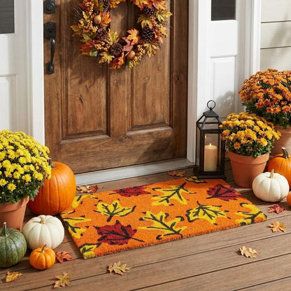 17" X 29" Orange Black And Yellow Leaves Outdoor Coir Door Mat