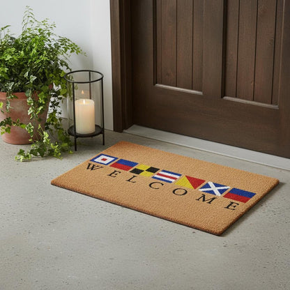 17" X 29" Natural Blue and Red Coir Nautical Flag Welcome Outdoor Door Mat