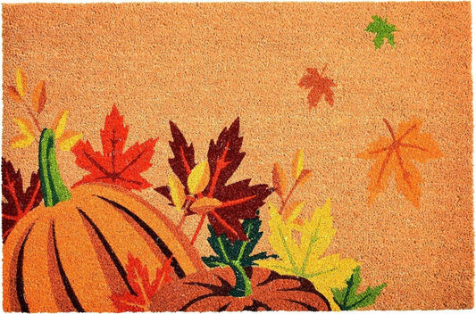 17" X 29" Natural Orange And Green Pumpkins and Leaves Outdoor Coir Door Mat