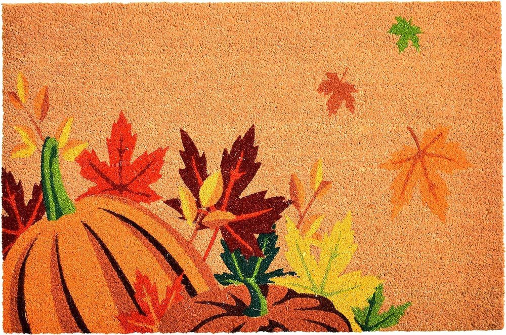 17" X 29" Natural Orange And Green Pumpkins and Leaves Outdoor Coir Door Mat