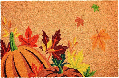 17" X 29" Natural Orange And Green Pumpkins and Leaves Outdoor Coir Door Mat