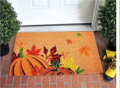17" X 29" Natural Orange And Green Pumpkins and Leaves Outdoor Coir Door Mat