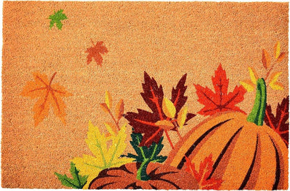 17" X 29" Natural Orange And Green Pumpkins and Leaves Outdoor Coir Door Mat