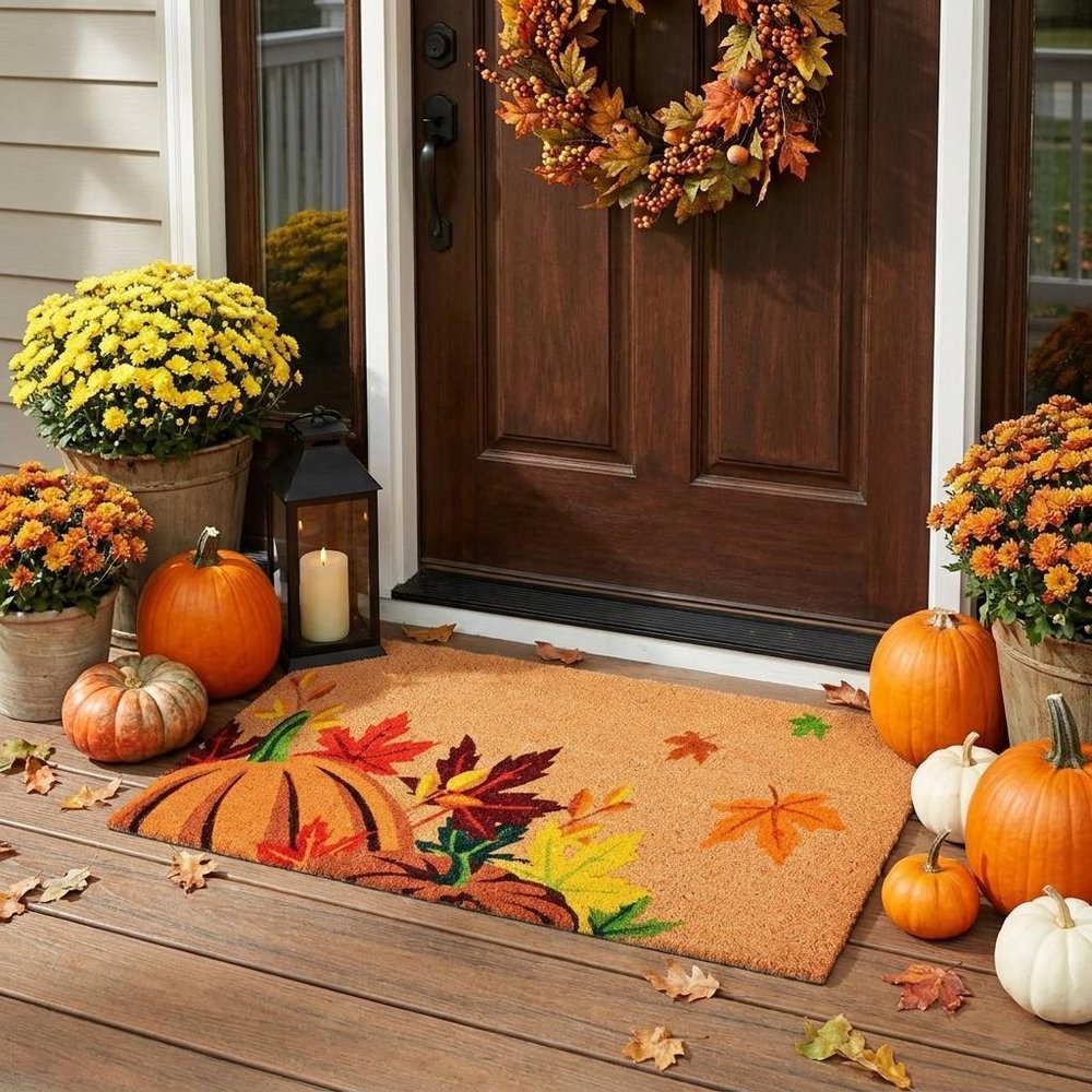 17" X 29" Natural Orange And Green Pumpkins and Leaves Outdoor Coir Door Mat
