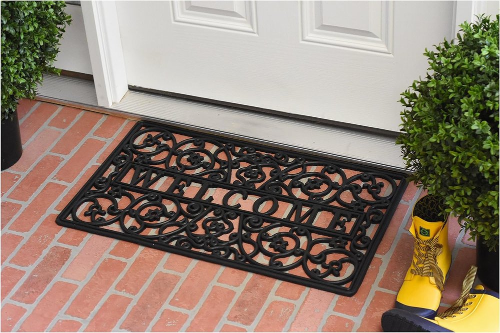 18" X 30" Black Rubber Scrollwork Welcome Outdoor Door Mat