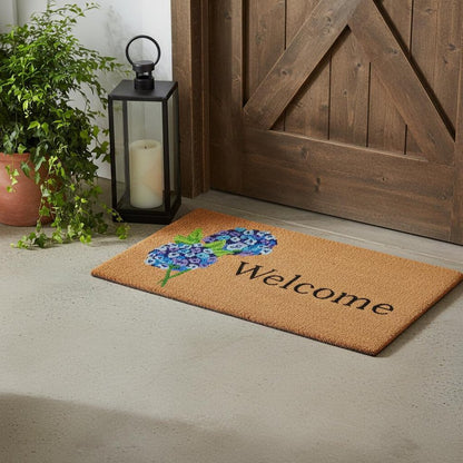 17" X 29" Natural and Blue Coir Floral Welcome Outdoor Door Mat