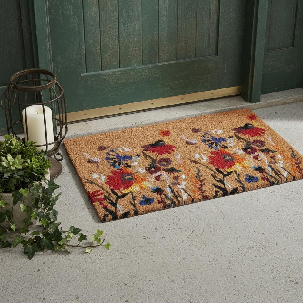 24" X 36" Natural Red and Yellow Coir Floral Outdoor Door Mat