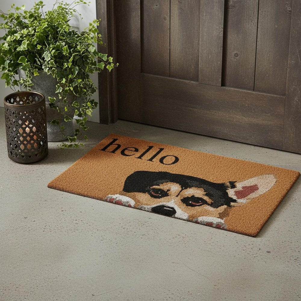 17" X 29" Natural Black and Brown Coir Welch Corgi Hello Outdoor Door Mat