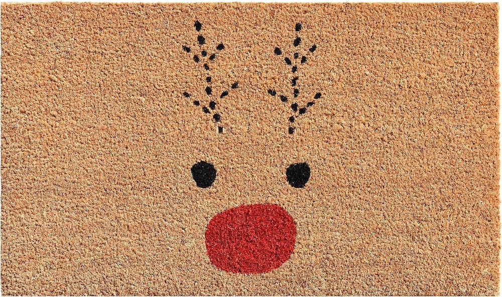17" X 29" Natural Black and Red Coir Reindeer Outdoor Christmas Door Mat