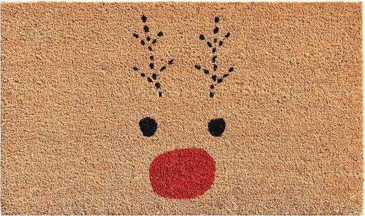 17" X 29" Natural Black and Red Coir Reindeer Outdoor Christmas Door Mat