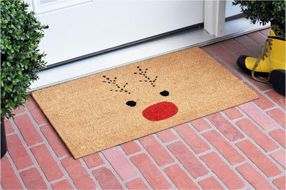 17" X 29" Natural Black and Red Coir Reindeer Outdoor Christmas Door Mat