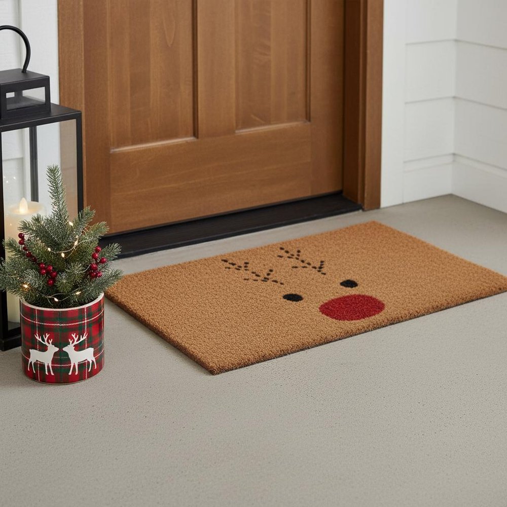 17" X 29" Natural Black and Red Coir Reindeer Outdoor Christmas Door Mat
