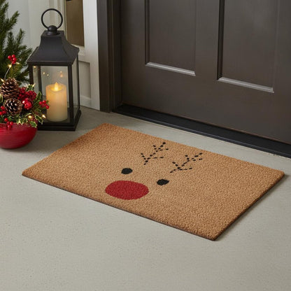 17" X 29" Natural Black and Red Coir Reindeer Outdoor Christmas Door Mat
