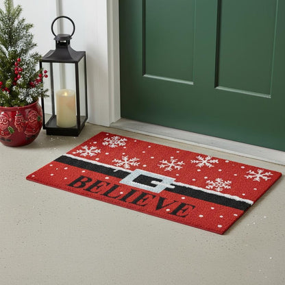 17" X 29" Red Black and White Coir Snowflake Believe Outdoor Christmas Door Mat