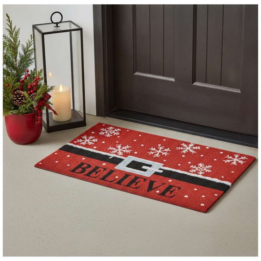17" X 29" Red Black and White Coir Snowflake Believe Outdoor Christmas Door Mat