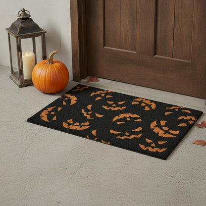 17" X 29" Black and Orange Coir Jackolantern Outdoor Halloween Door Mat