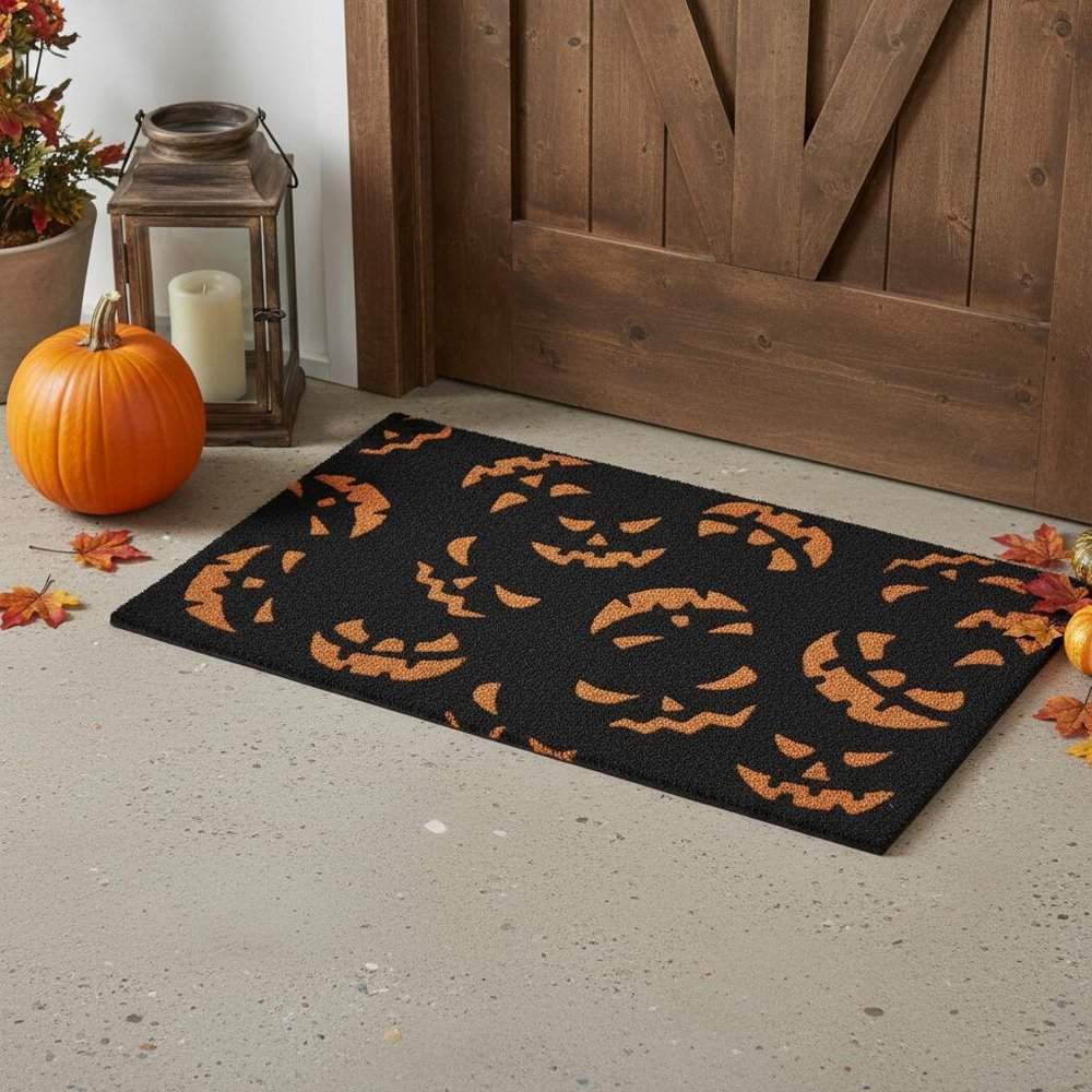 17" X 29" Black and Orange Coir Jackolantern Outdoor Halloween Door Mat