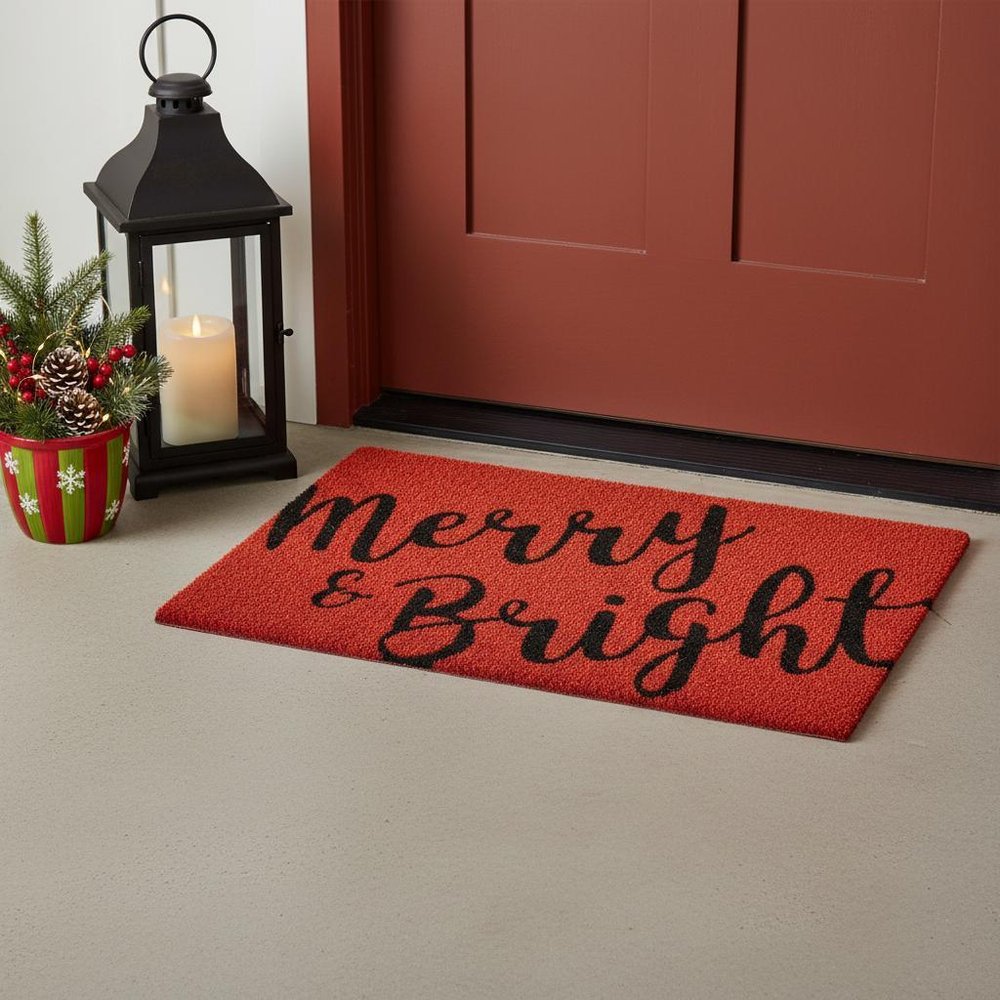 17" X 29" Red and Black Coir Merry and Bright Outdoor Christmas Door Mat