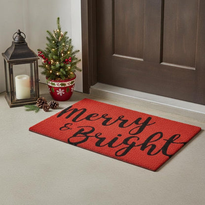 17" X 29" Red and Black Coir Merry and Bright Outdoor Christmas Door Mat