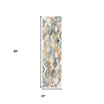 8' Beige Blue and Gray Geometric Distressed Runner Rug With Fringe