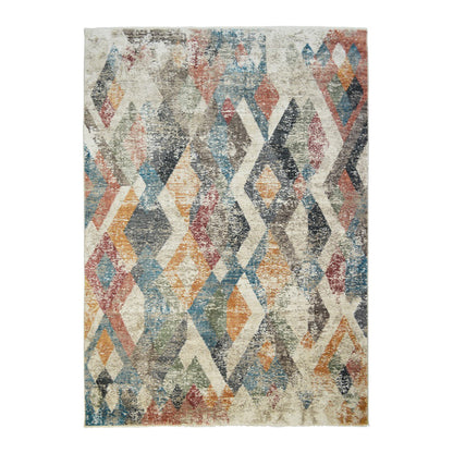 5' X 8' Beige Blue and Gray Geometric Distressed Area Rug With Fringe