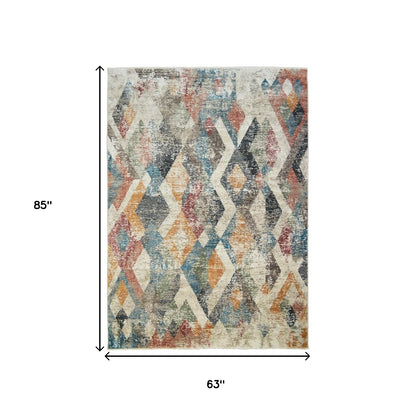 5' X 8' Beige Blue and Gray Geometric Distressed Area Rug With Fringe