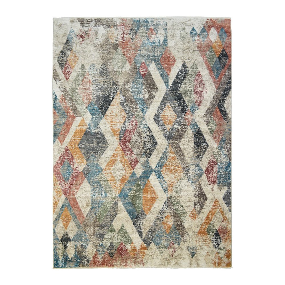 8' X 10' Beige Blue and Gray Geometric Distressed Area Rug With Fringe