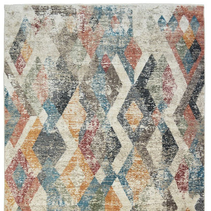 8' X 10' Beige Blue and Gray Geometric Distressed Area Rug With Fringe