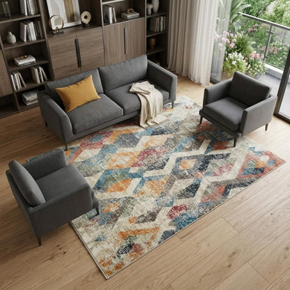 8' X 10' Beige Blue and Gray Geometric Distressed Area Rug With Fringe