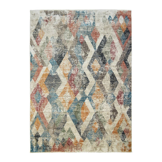 9' X 13' Beige Blue and Gray Geometric Distressed Area Rug With Fringe