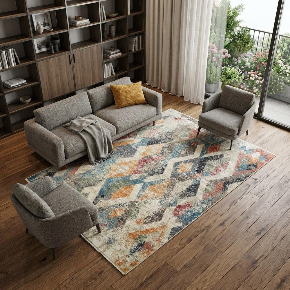 9' X 13' Beige Blue and Gray Geometric Distressed Area Rug With Fringe