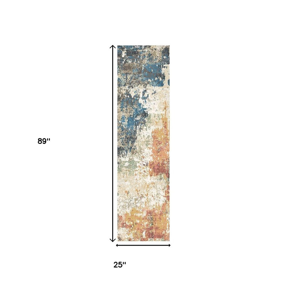 8' Beige Blue and Ivory Abstract Distressed Runner Rug With Fringe