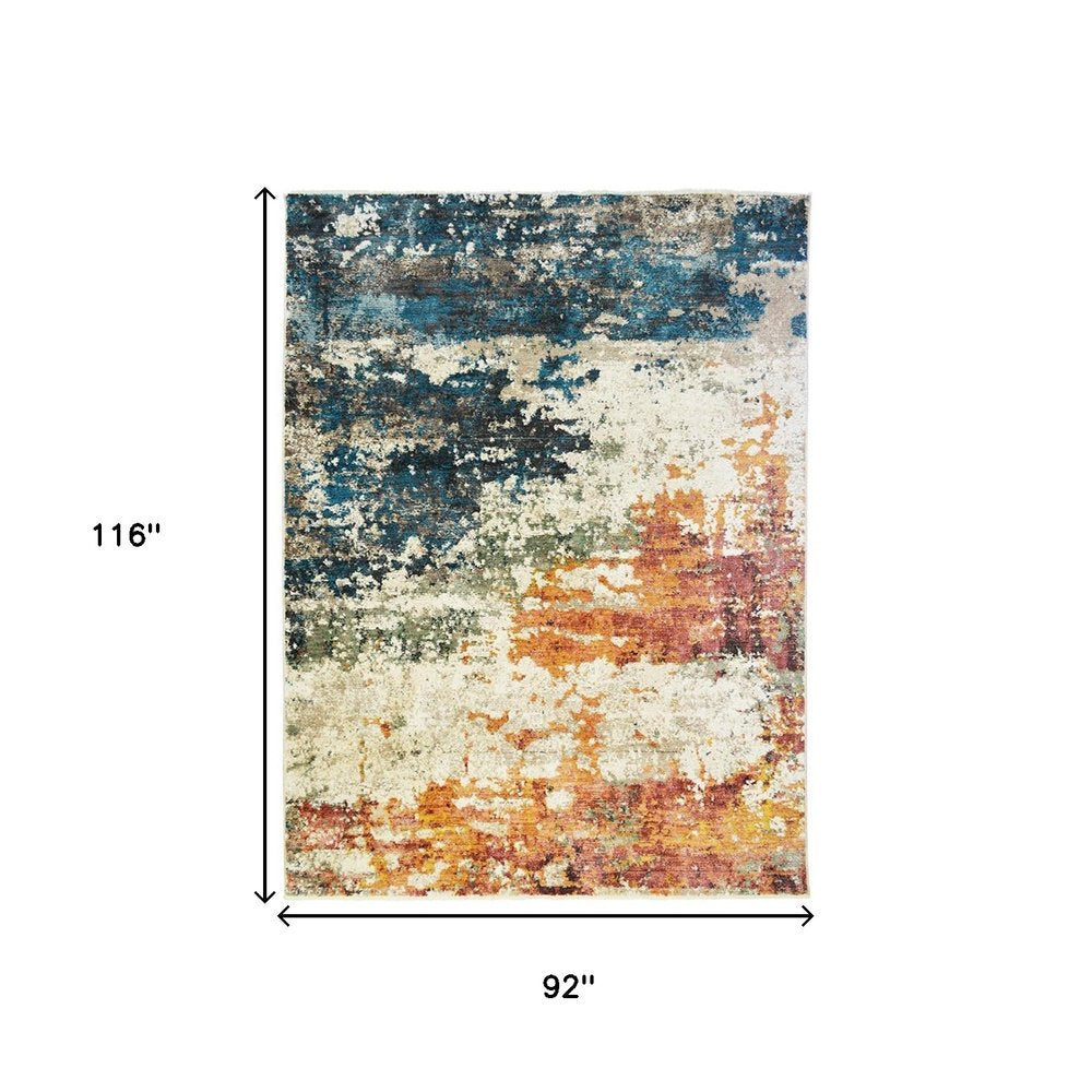 8' X 10' Beige Blue and Ivory Abstract Distressed Area Rug With Fringe