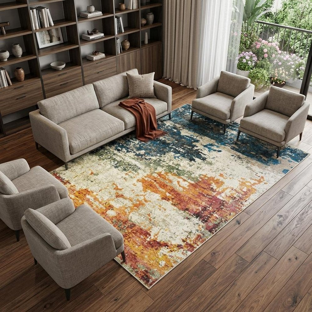 8' X 10' Beige Blue and Ivory Abstract Distressed Area Rug With Fringe