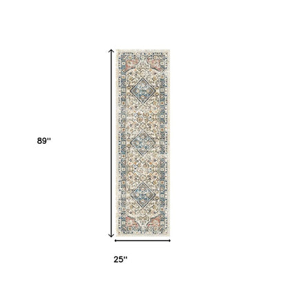8' Beige Oriental Distressed Runner Rug With Fringe