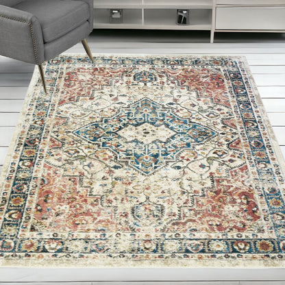 5' X 8' Beige Oriental Distressed Area Rug With Fringe
