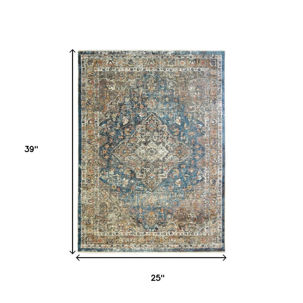 2' X 3' Blue and Brown Oriental Distressed Area Rug With Fringe