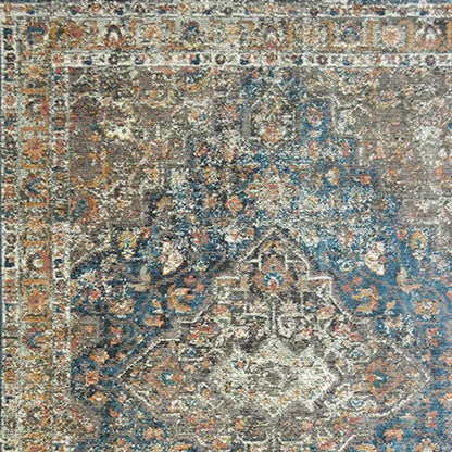 2' X 3' Blue and Brown Oriental Distressed Area Rug With Fringe