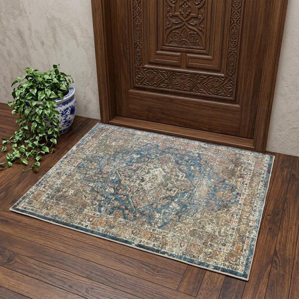 2' X 3' Blue and Brown Oriental Distressed Area Rug With Fringe
