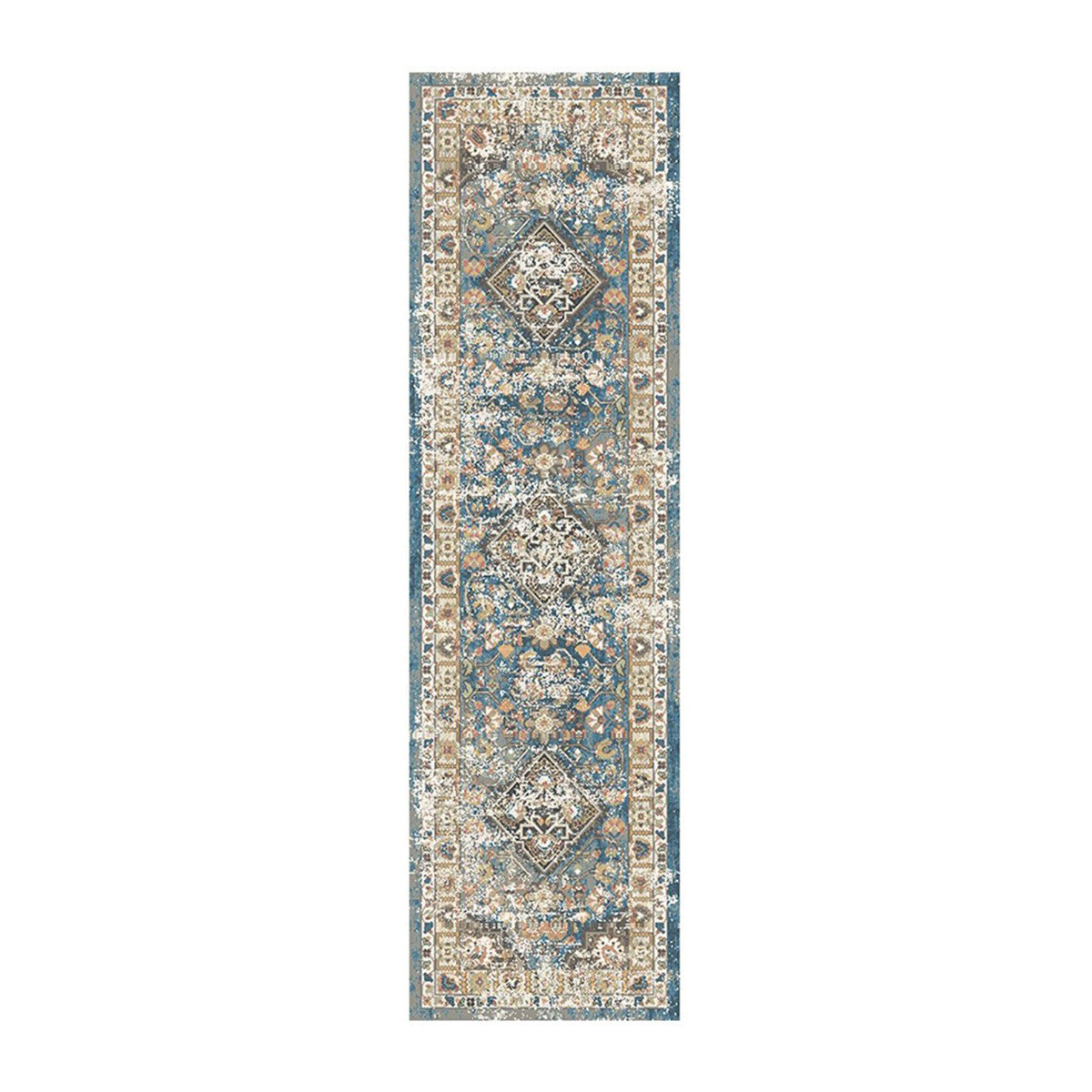 8' Blue and Brown Oriental Distressed Runner Rug With Fringe