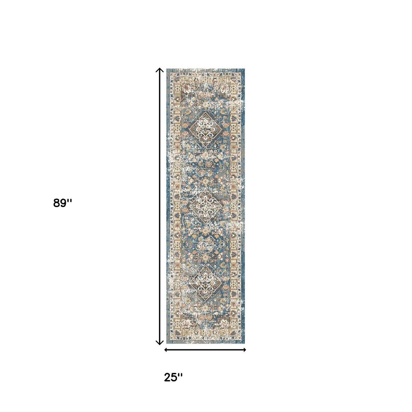 8' Blue and Brown Oriental Distressed Runner Rug With Fringe