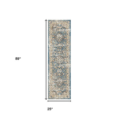 8' Blue and Brown Oriental Distressed Runner Rug With Fringe