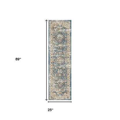 8' Blue and Brown Oriental Distressed Runner Rug With Fringe