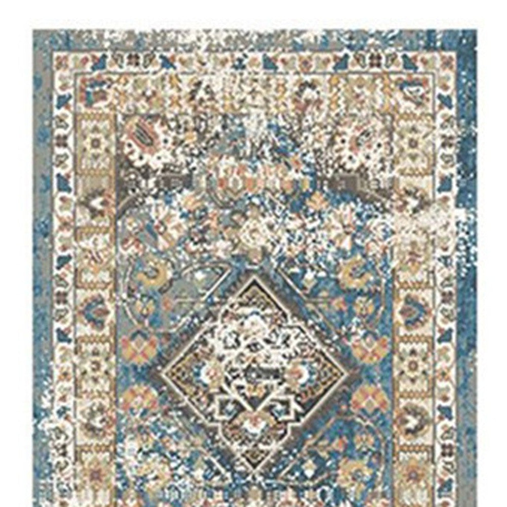 8' Blue and Brown Oriental Distressed Runner Rug With Fringe