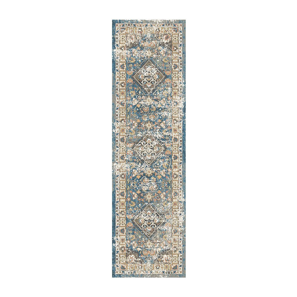 8' Blue and Brown Oriental Distressed Runner Rug With Fringe