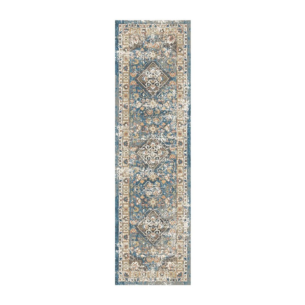 8' Blue and Brown Oriental Distressed Runner Rug With Fringe